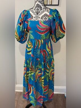 Farm Rio Blue Puff-Sleeve Tiered Maxi Dress